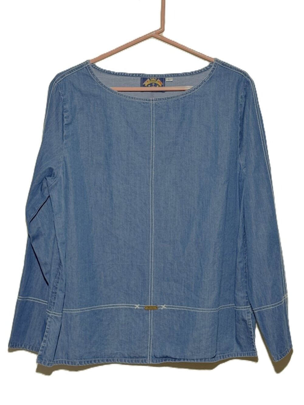 Pussers British West Indies Chambray Top Women L Blue Denim Boat Neck Blouse